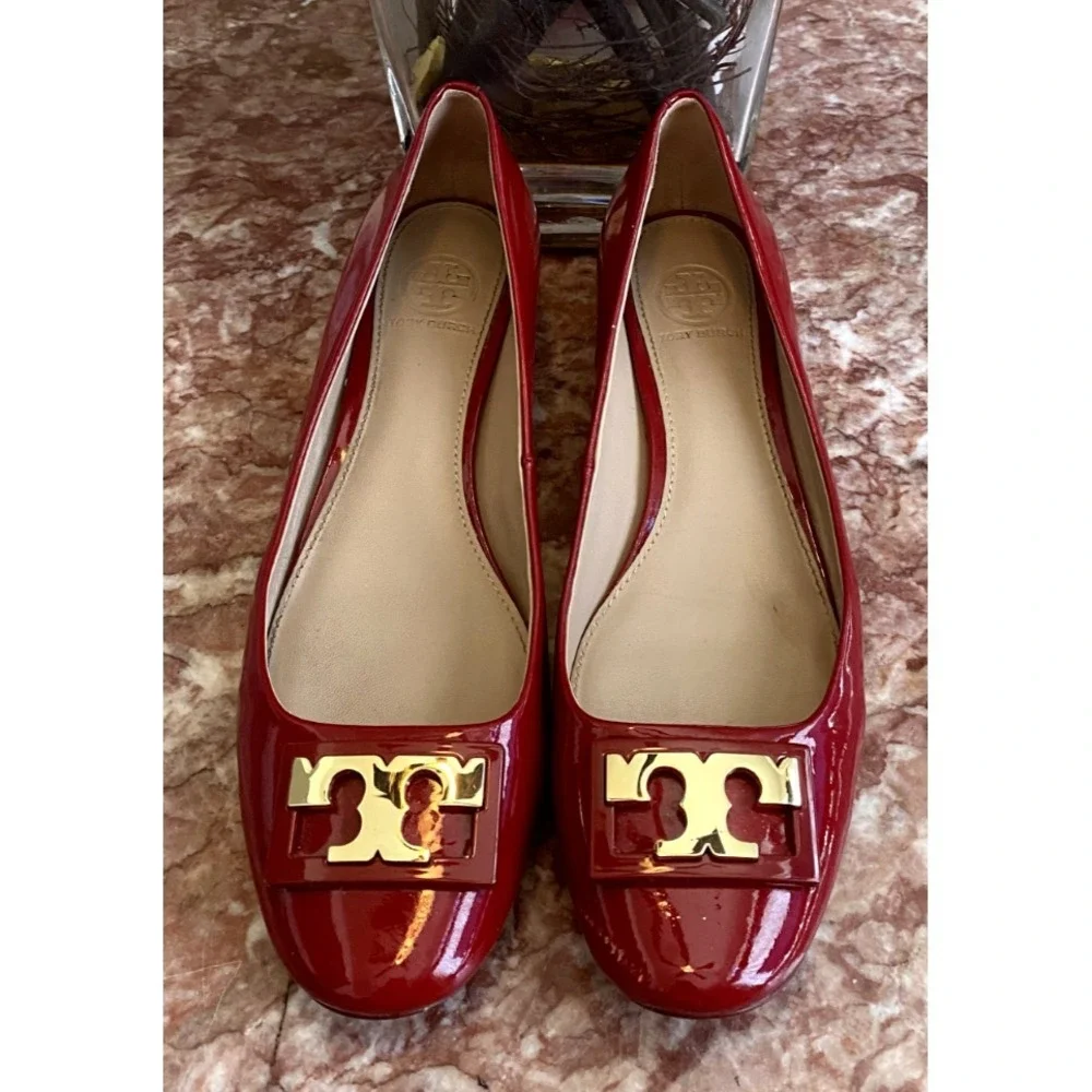 Tory Burch Gigi Women's Red Patient Leather Block Heel Pumps Size 7.5M EUC! $285